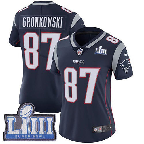 Women's Rob Gronkowski #87 New England Patriots Super Bowl Liii Patch 2019 - Navy