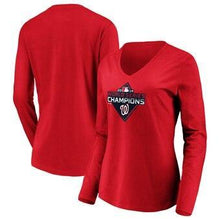 Load image into Gallery viewer, Washington Nationals Majestic Women's 2019 World Series Champions Logo Long Sleeve V-Neck T-Shirt - Red MLB Women T-shirt