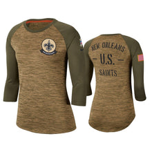 Load image into Gallery viewer, Saints 2019 Salute To Service Khaki Legend Scoopneck Raglan T-Shirt NFL Quarter Sleeve Women