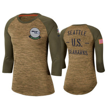 Load image into Gallery viewer, Seahawks 2019 Salute To Service Khaki Legend Scoopneck Raglan T-Shirt NFL Quarter Sleeve Women