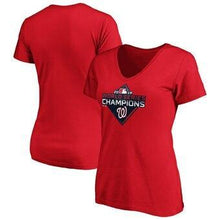 Load image into Gallery viewer, Washington Nationals Majestic Women's 2019 World Series Champions Logo V-Neck T-Shirt - Red MLB Women T-shirt