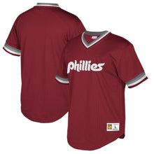 Load image into Gallery viewer, Philadelphia Phillies Philadelphia Phillies Mitchell And Ness Cooperstown Collection Mesh Wordmark V Neck Jersey Burgundy