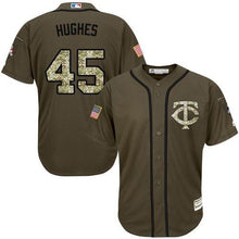 Load image into Gallery viewer, Twins 45 Phil Hughes Green Salute To Service Stitched Mlb Jerseyy