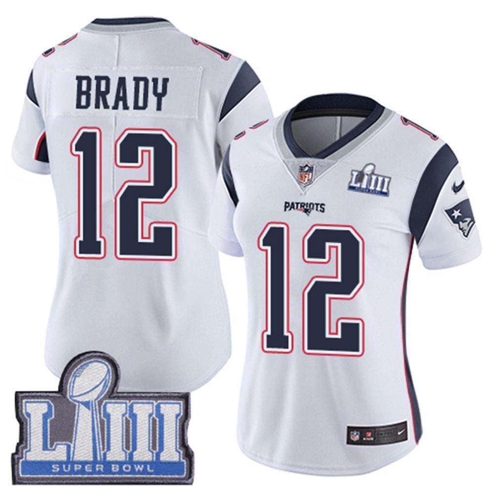 Women's Tom Brady #12 New England Patriots Super Bowl Liii Patch 2019 - White