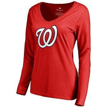 Load image into Gallery viewer, Washington Nationals Women's Team Color Primary Logo V-Neck Long Sleeve T-Shirt - Red MLB Women T-shirt