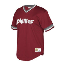 Load image into Gallery viewer, Philadelphia Phillies Philadelphia Phillies Mitchell And Ness Cooperstown Collection Mesh Wordmark V Neck Jersey Burgundy