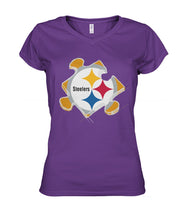 Load image into Gallery viewer, Pittsburgh-Steelers Puzzle Collection T-Shirt 2018 - Ladies V-Neck