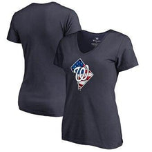 Load image into Gallery viewer, Washington Nationals  Women's 2019 Stars &amp; Stripes Banner State V-Neck T-Shirt - Navy MLB Women T-shirt