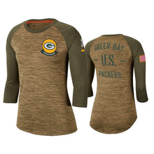 Load image into Gallery viewer, Packers 2019 Salute To Service Khaki Legend Scoopneck Raglan T-Shirt NFL Quarter Sleeve Women
