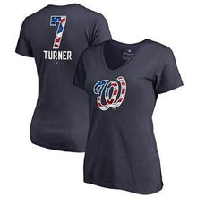 Load image into Gallery viewer, Trea Turner Washington Nationals  Women's 2019 Stars &amp; Stripes Banner Wave Name &amp; Number V-Neck T-Shirt - Navy MLB Women T-shirt