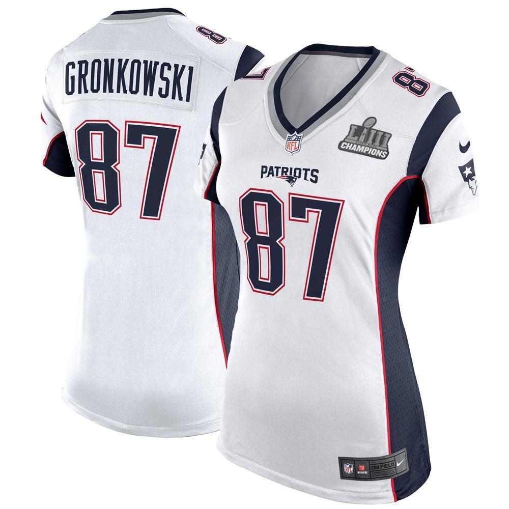 Women's Rob Gronkowski #87 New England Patriots Super Bowl Liii Champions Patch 2019 - White