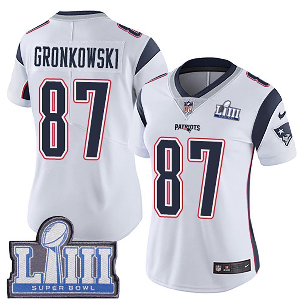 Women's Rob Gronkowski #87 New England Patriots Super Bowl Liii Patch 2019 - White