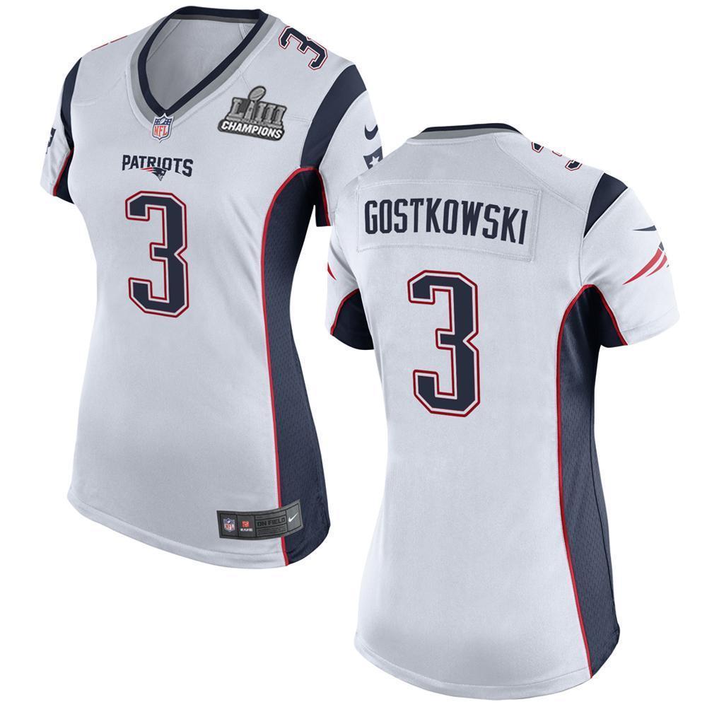 Women's Stephen Gostkowski #3 New England Patriots Super Bowl Liii Champions Patch 2019 - White