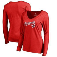 Load image into Gallery viewer, Washington Nationals  Women's Team Lockup Slim Fit Long Sleeve V-Neck T-Shirt - Red MLB Women T-shirt