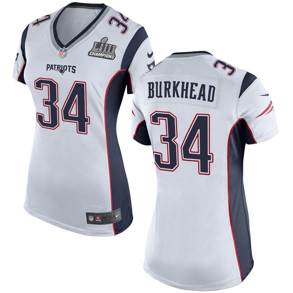 Women's Rex Burrkhead #34 New England Patriots Super Bowl Liii Champions Patch 2019 - White