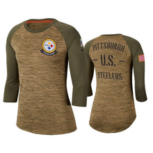 Load image into Gallery viewer, Steelers 2019 Salute To Service Khaki Legend Scoopneck Raglan T-Shirt NFL Quarter Sleeve Women